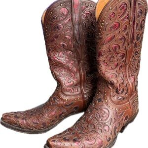 Lucchese Sierra Curley Brown and Red Embroidered Women's Cowboy Boots
